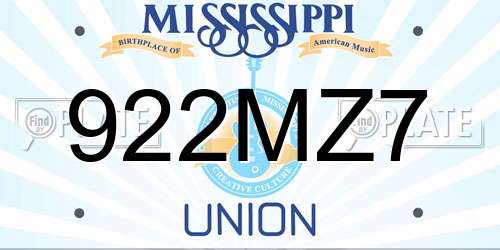 922MZ7 Mississippi License Plate