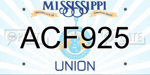 ACF925 Mississippi License Plate