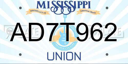 AD7T962 Mississippi License Plate