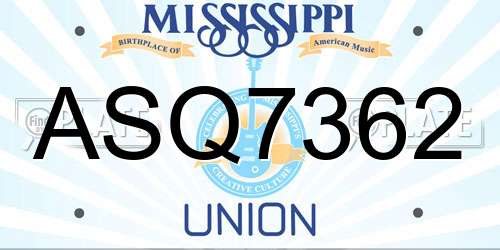 ASQ7362 Mississippi License Plate
