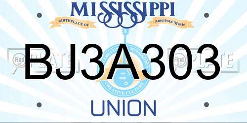 BJ3A303 Mississippi License Plate