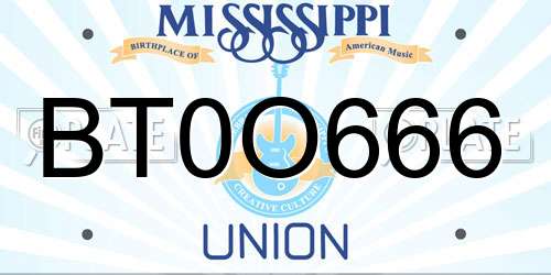 BT0O666 Mississippi License Plate