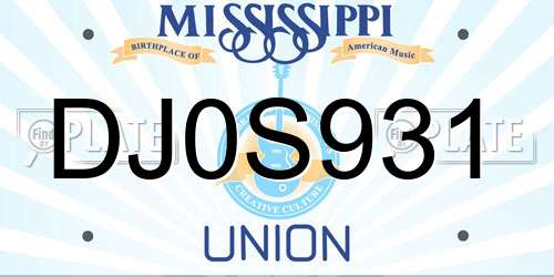DJ0S931 Mississippi License Plate