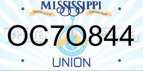 OC7O844 Mississippi License Plate