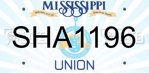 SHA1196 Mississippi License Plate