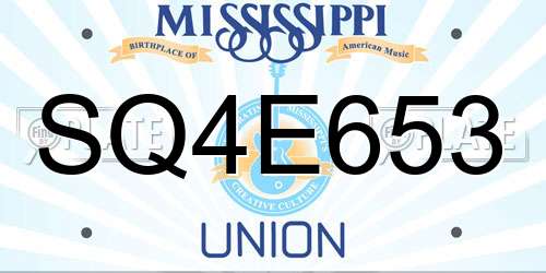 SQ4E653 Mississippi License Plate