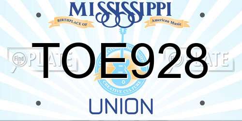 TOE928 Mississippi License Plate