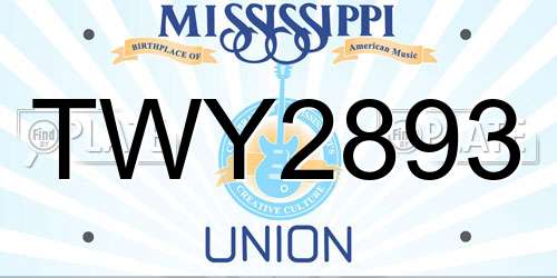 TWY2893 Mississippi License Plate