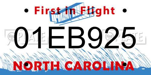 01EB925 North Carolina License Plate