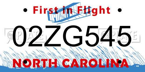 02ZG545 North Carolina License Plate