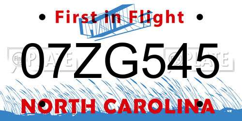 07ZG545 North Carolina License Plate
