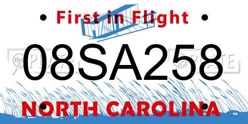 08SA258 North Carolina License Plate