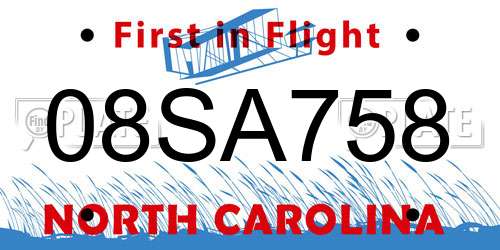 08SA758 North Carolina License Plate
