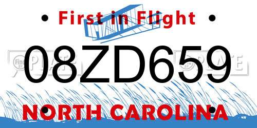 08ZD659 North Carolina License Plate