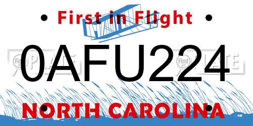 0AFU224 North Carolina License Plate
