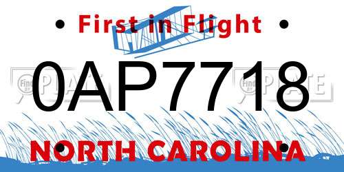 0AP7718 North Carolina License Plate