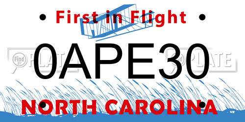 0APE30 North Carolina License Plate