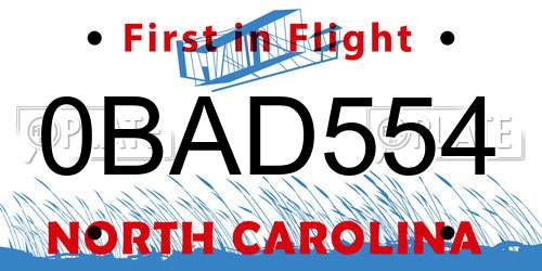 0BAD554 North Carolina License Plate