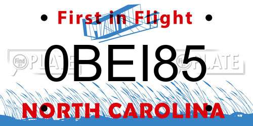 0BEI85 North Carolina License Plate