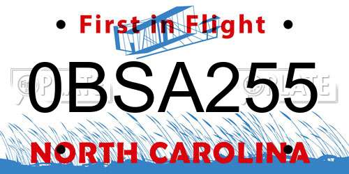 0BSA255 North Carolina License Plate