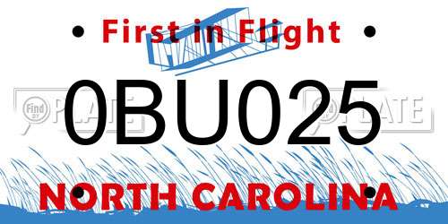 0BU025 North Carolina License Plate