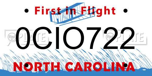 0CIO722 North Carolina License Plate