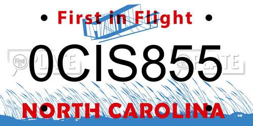 0CIS855 North Carolina License Plate