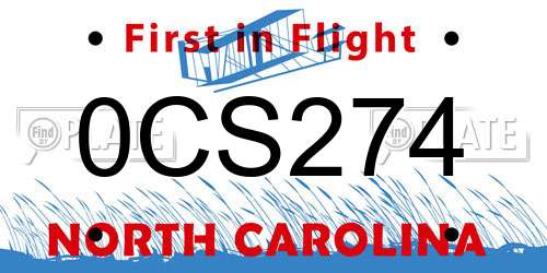 0CS274 North Carolina License Plate