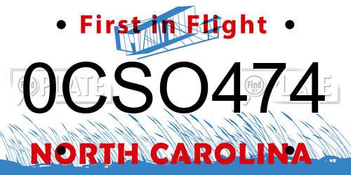 0CSO474 North Carolina License Plate