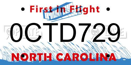 0CTD729 North Carolina License Plate