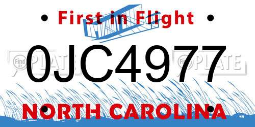 0JC4977 North Carolina License Plate