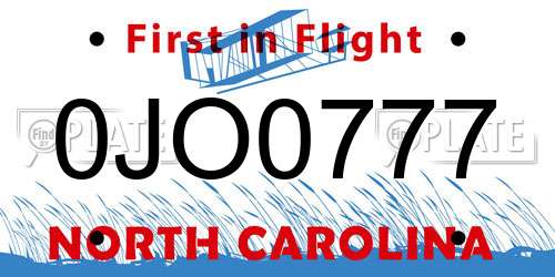 0JO0777 North Carolina License Plate