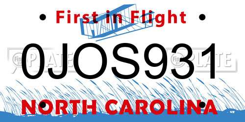 0JOS931 North Carolina License Plate