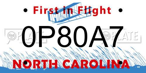 0P80A7 North Carolina License Plate