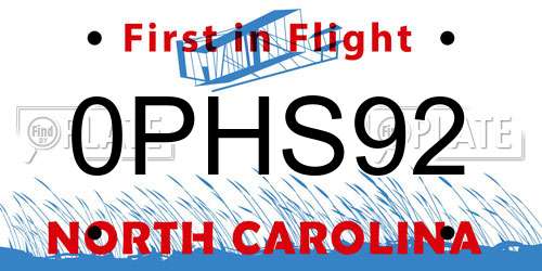 0PHS92 North Carolina License Plate