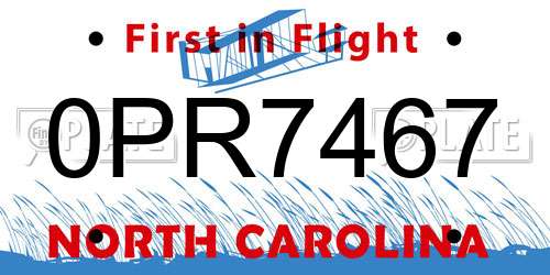 0PR7467 North Carolina License Plate