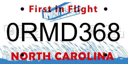 0RMD368 North Carolina License Plate
