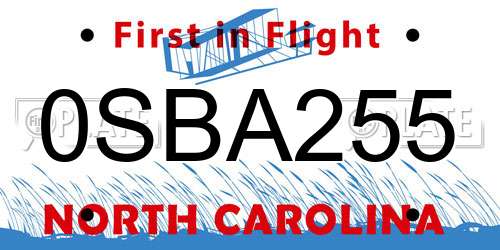 0SBA255 North Carolina License Plate