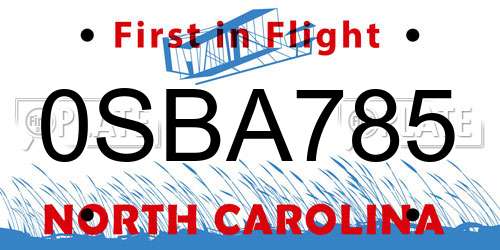 0SBA785 North Carolina License Plate