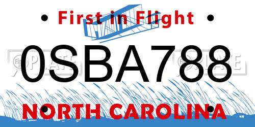 0SBA788 North Carolina License Plate