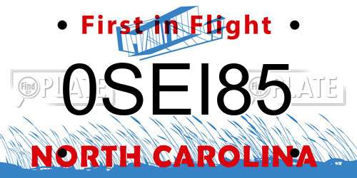 0SEI85 North Carolina License Plate
