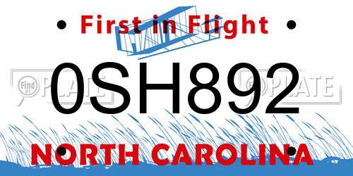0SH892 North Carolina License Plate