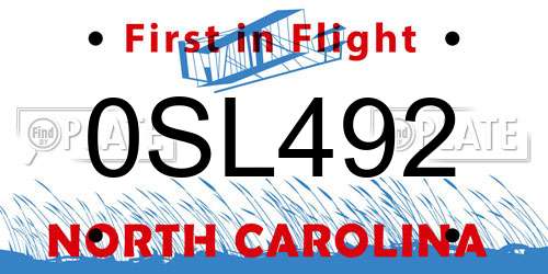 0SL492 North Carolina License Plate