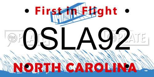0SLA92 North Carolina License Plate