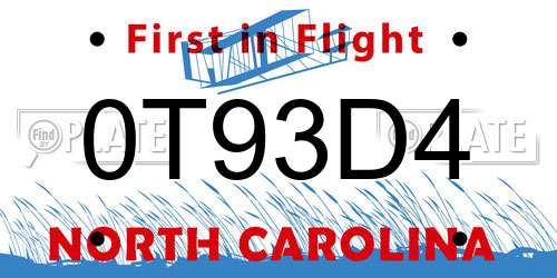 0T93D4 North Carolina License Plate