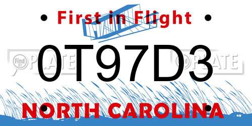 0T97D3 North Carolina License Plate