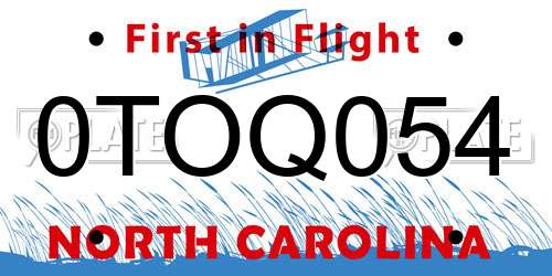 0TOQ054 North Carolina License Plate