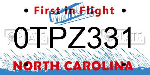 0TPZ331 North Carolina License Plate