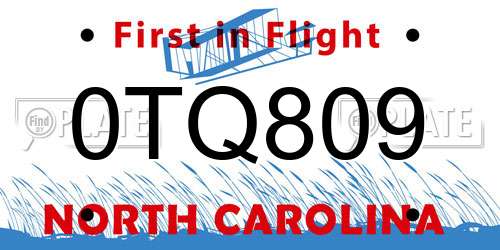 0TQ809 North Carolina License Plate