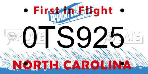0TS925 North Carolina License Plate